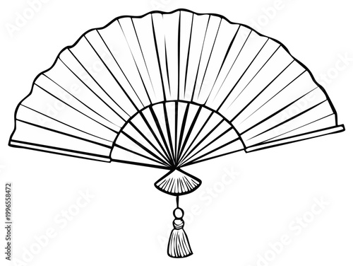Black and white outline of a traditional folding fan with a tassel detail