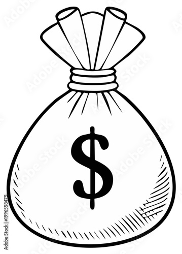 Hand-drawn illustration of a full money bag with a dollar sign, representing wealth and finance