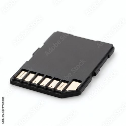 A close-up view of a black SD card on a white background