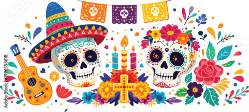 Dia de Los Muertos Vector Illustration. Traditional Mexican Day of the Dead Holiday Design.