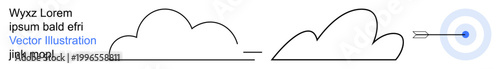 Goal setting, strategic planning, success, precision, business achievement, opportunities. Two clouds and an arrow hitting a bullseye target. Goal setting and strategic planning concept