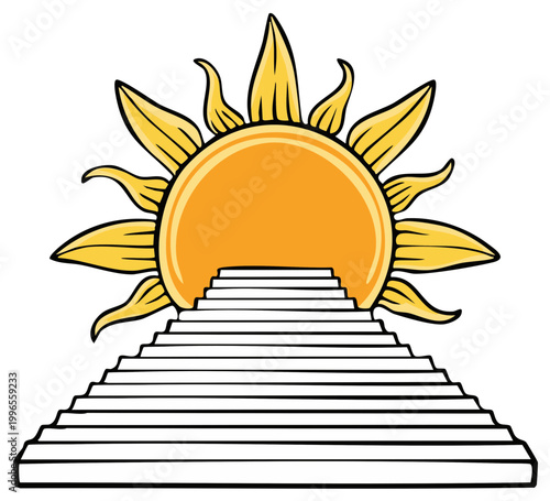 Sunrise over steps leading to enlightenment and success