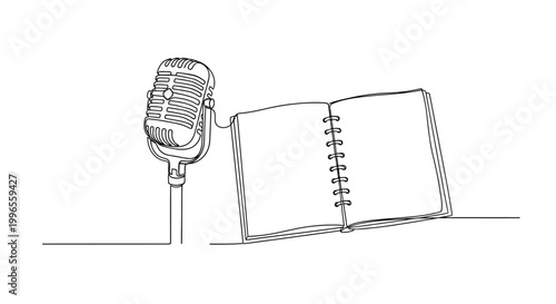 Microphone and Open Notebook Illustration.