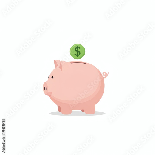 A pink piggy bank with a green coin on top for saving money