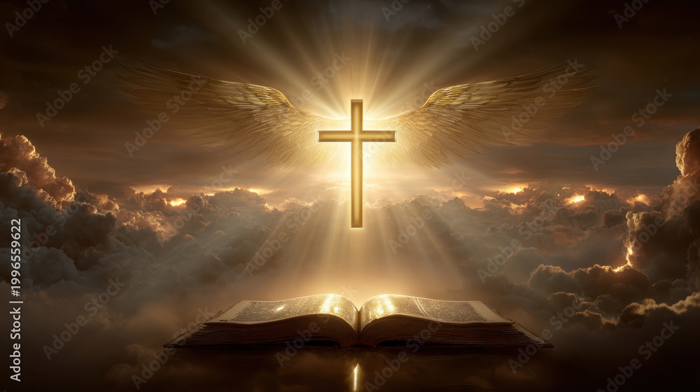 Naklejka premium Golden cross in cloudy sky above open book, radiant light and winged symbol create spiritual scene