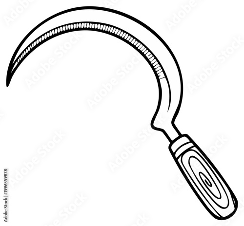 Curved Hand Tool with Serrated Blade and Wooden Handle