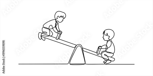 Two happy little children playing together on a seesaw in a continuous single line drawing style Vector, illustration