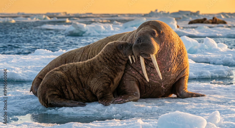 Fototapeta premium A heartwarming, medium shot of a female Walrus and her young calf resting on an ice pan. The calf, with much shorter tusks and a darker coat, is nuzzled against its mother's massive side.