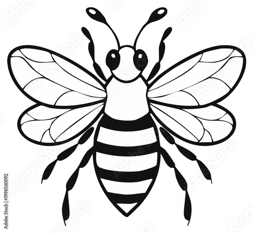 Stylized Line Art of a Striped Bee with Transparent Wings