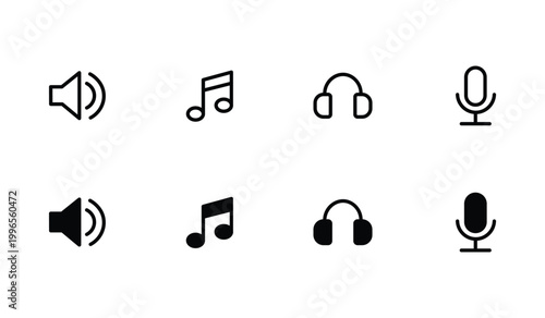 Minimalist audio icon set with 8 vector elements, black music note and headphone symbols, volume and microphone line icons for web and app interface