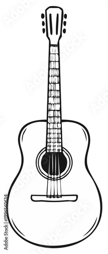 Acoustic Guitar Hand-Drawn Illustration: Musical Instrument, Classic Strings, Music Performance