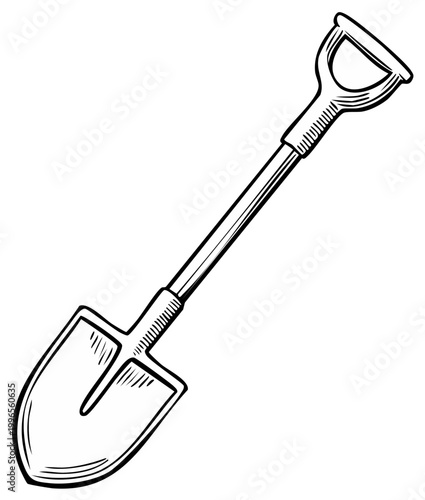 Hand-drawn shovel illustration. Sketch style gardening tool for digging and cultivating soil with handle and blade.