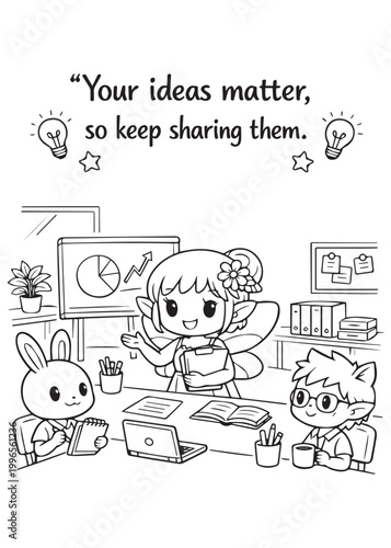 coloring book office fairy sharing ideas with team your ideas matter keep sharing