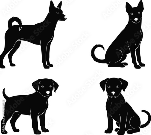 Dog silhouette collection featuring different breeds in standing and sitting poses, minimal black animal shapes isolated on white background vector set