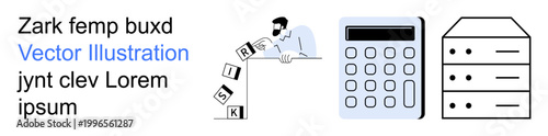 Risk management, financial planning, cybersecurity, data analysis, server management, decision-making. Person tipping blocks labeled risk, a calculator and server illustrations. Risk management