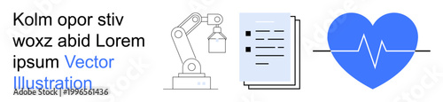 Industry automation, technological advancements, healthcare innovation, process optimization, robotics integration, medical diagnostics. Robotic arm, document icon heart with pulse line. Industry