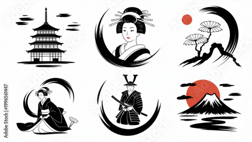 Japanese Ink Brush Illustration Set Samurai Geisha Pagoda Mountain Sumi-e Style Vector Collection