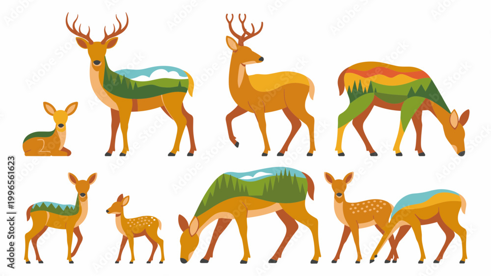 Fototapeta premium Deer Family Flat Illustration Set – Forest Wildlife Parents and Fawns Vector Collection