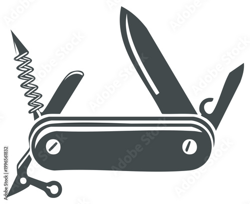 Multi-Tool Icon with Blade, Corkscrew, and Scissors Depicted in Vector Style