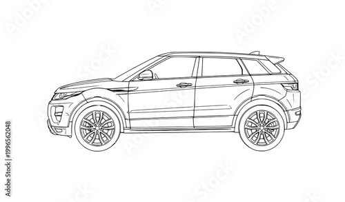 Luxury compact SUV side view outline vector illustration modern crossover car monoline line art isolated