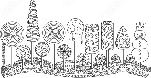 Hand-Drawn Candyland Illustration with Lollipops, Candy Canes, and a Snowman for Holiday, Sweet Treat, and Winter Designs