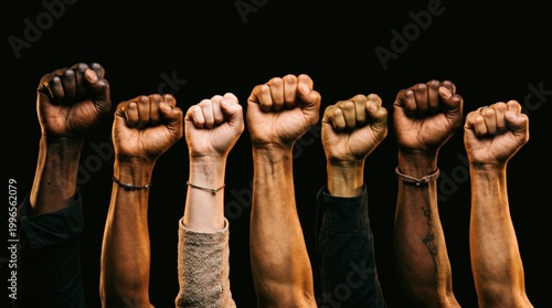 Multicultural group of activists raising fists in solidarity for intersectional social justice