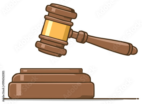 Cartoon wooden gavel striking its sound block representing law justice and auction decisions