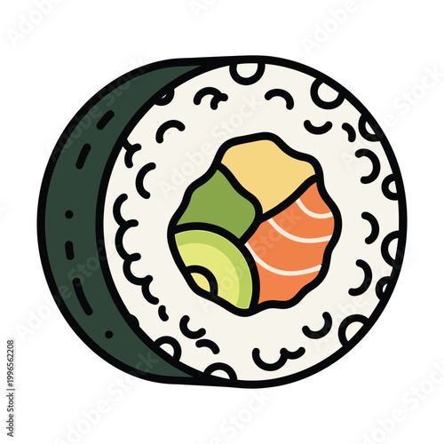 Cartoon sushi roll with salmon and avocado isolated on white background