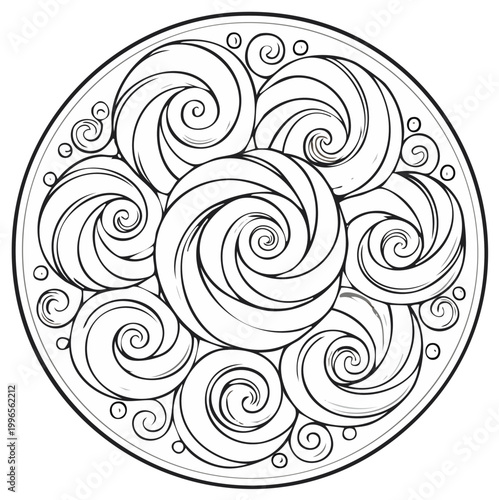 Intricate abstract circular pattern featuring flowing swirls and spirals ideal for creative artistic coloring pages