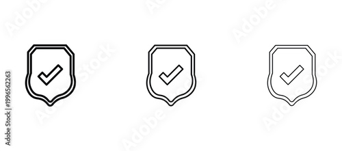 Minimalist shield icons with checkmark, set of 3 vector security symbols, black outline protection and verification badges for web design