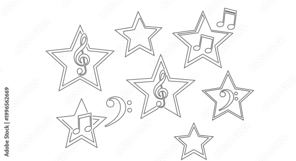 Obraz premium Musical stars illustration outlined shapes with clef and notes on white