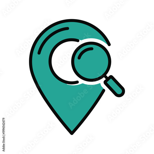 Teal map pin with magnifying glass isolated on white background
