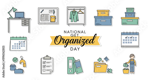 Illustrated vector elements celebrating National Get Organized Day offer a flat lay design showcasing home organization, tidy workspaces, productivity, and a minimal lifestyle concept