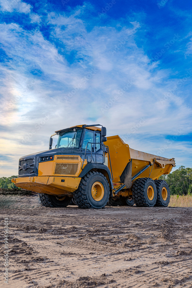 Obraz premium Large yellow articulated dump truck parked on a dirt construction site under a blue sky, USA.