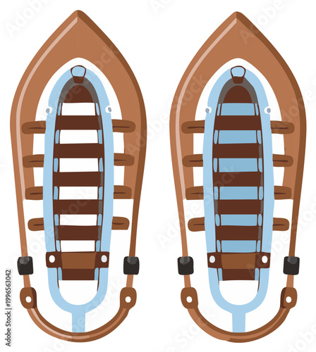 Vector snowshoes illustration, winter hiking equipment with brown frames and blue webbing for outdoor activities.