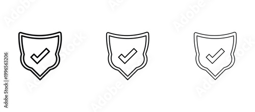 Minimalist shield icons with checkmark, black outline and solid security symbols, verified protection vector graphics for web and app interface design