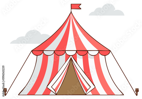 Red and White Striped Circus Tent with Clouds Illustration