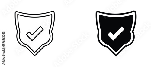 Minimalist shield icons with checkmark, black outline and solid security symbols, 2 vector elements for cybersecurity and data protection interface design