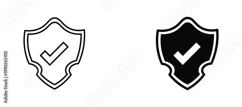 Minimalist shield icons with checkmark, black and white security symbols, verified protection vector set for web interface and data safety