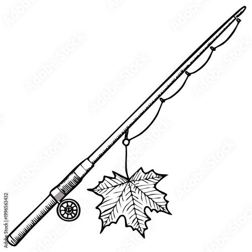 Hand drawn sketch of a fishing rod with a maple leaf as bait