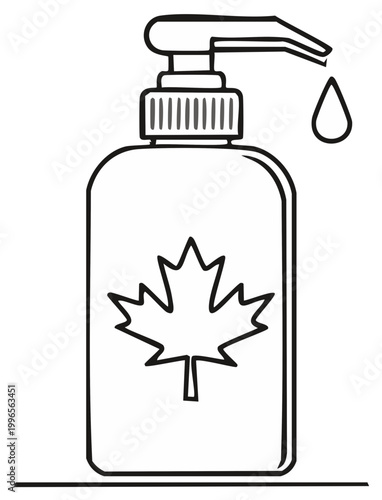 Line art illustration of a hand sanitizer pump dispenser with a maple leaf symbol and a dripping liquid