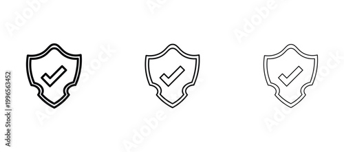 Minimalist shield icon set with checkmark, black line security protection symbols, 3 vector elements for web interface and data safety design