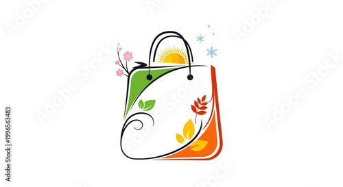Shopping bag illustration with seasonal elements and overhead sunlight