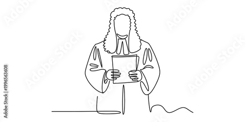 Continuous single line drawing of a judge wearing a traditional wig and robe holding a legal document in a courtroom setting Vector, illustration