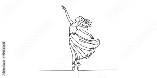 Continuous single line drawing of a graceful ballerina dancing in a flowing dress Vector, illustration