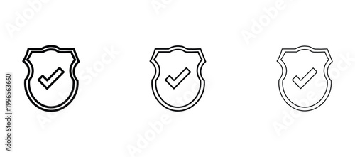 Minimalist shield icons with checkmark, security and protection symbols in three line weights, black outline safety vector set for web and app design