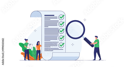 Data auditing and verification process illustration with people using a magnifying glass to inspect a large checklist with green marks.