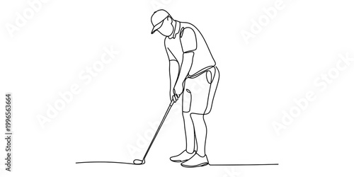 Continuous single line drawing of a man playing golf hitting the ball with a club Vector, illustration