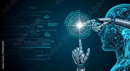 Robot hand interacts with a glowing digital brain interface, artificial intellig