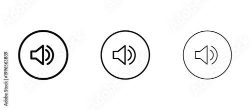 Minimalist speaker volume icon set, black line audio sound symbols in circles, modern multimedia interface vector elements for web and mobile apps
